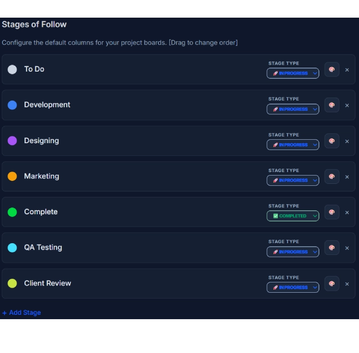 Custom Project Stages - Tailor workflows for Development, Marketing, and Meetings